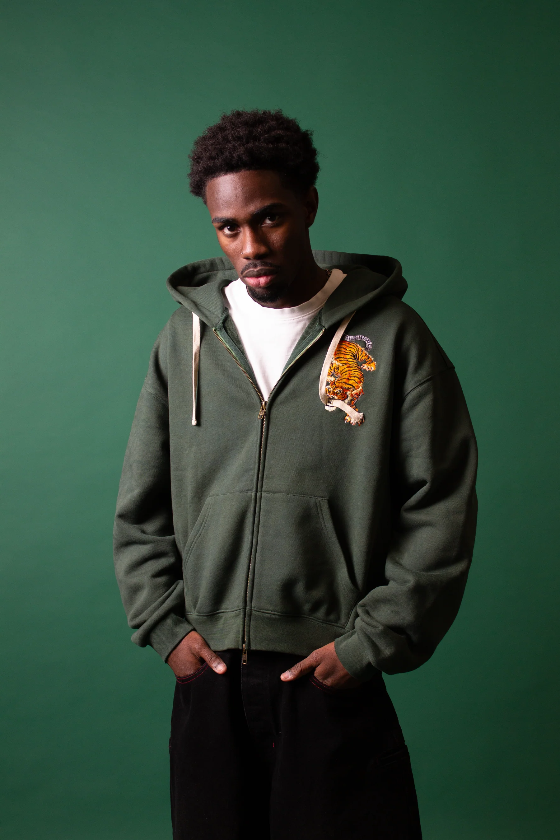 Embroided Tiger Zip Up Hoodie detail