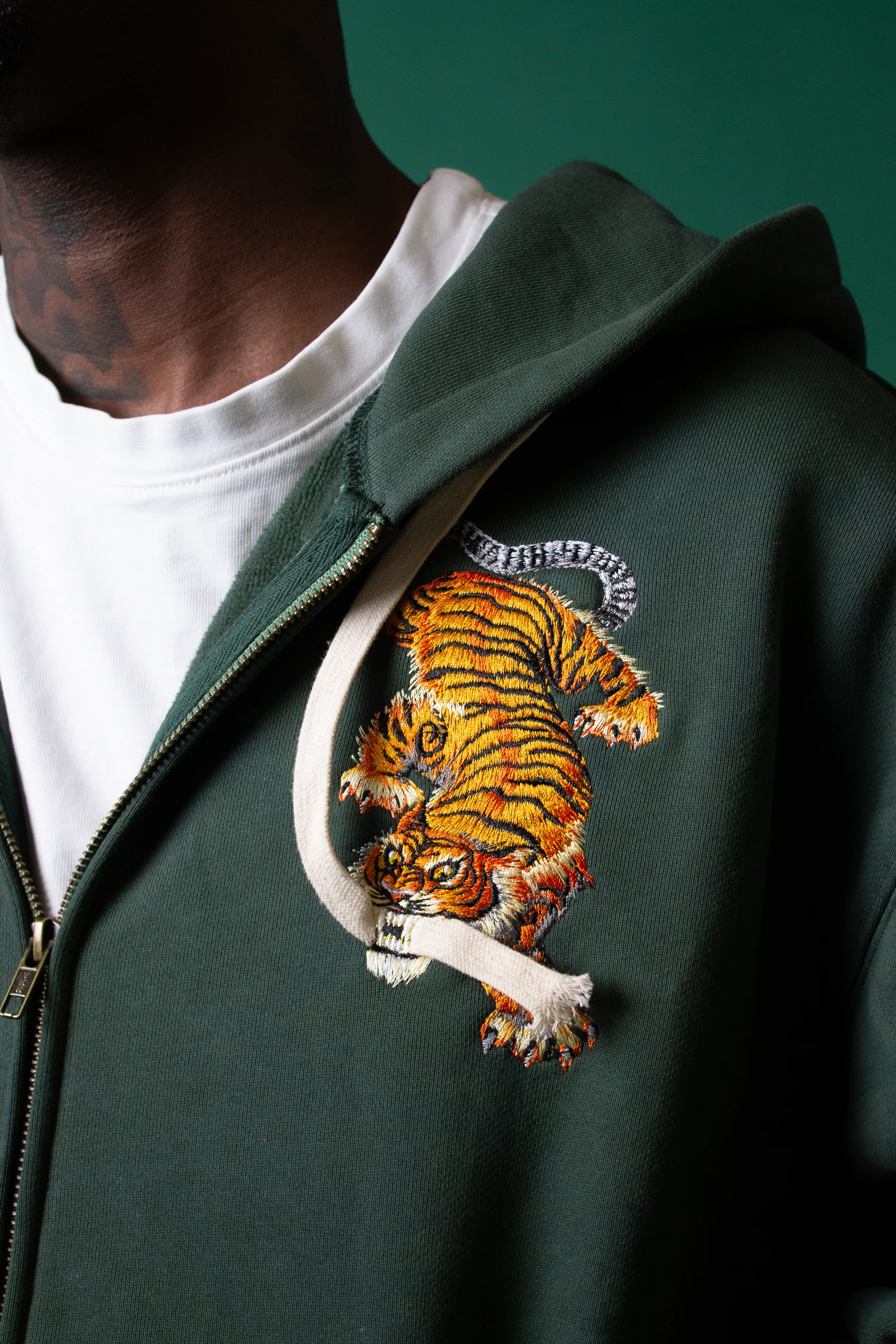 Embroided Tiger Zip Up Hoodie detail