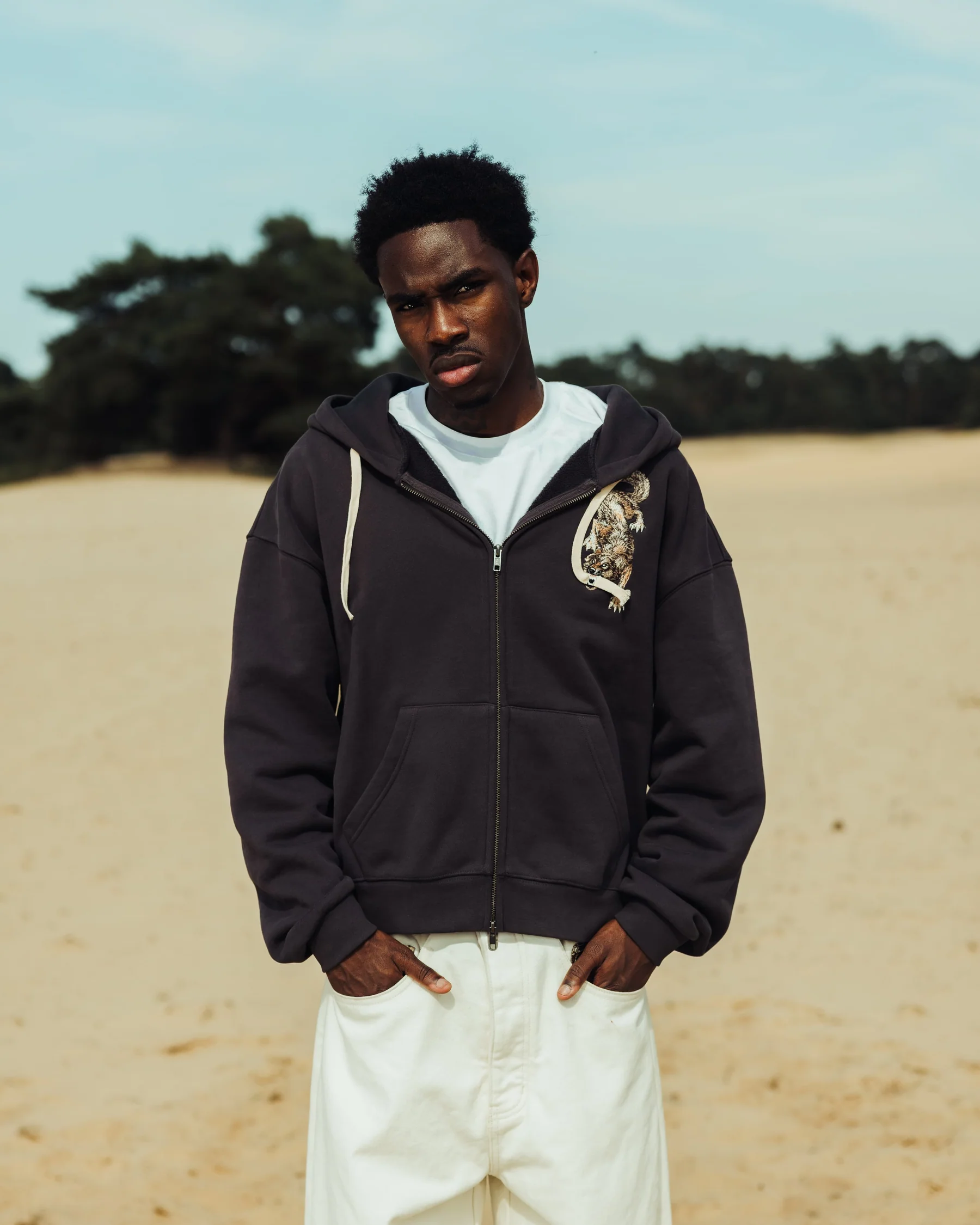 Embroidered Wolf Zip Up Hoodie