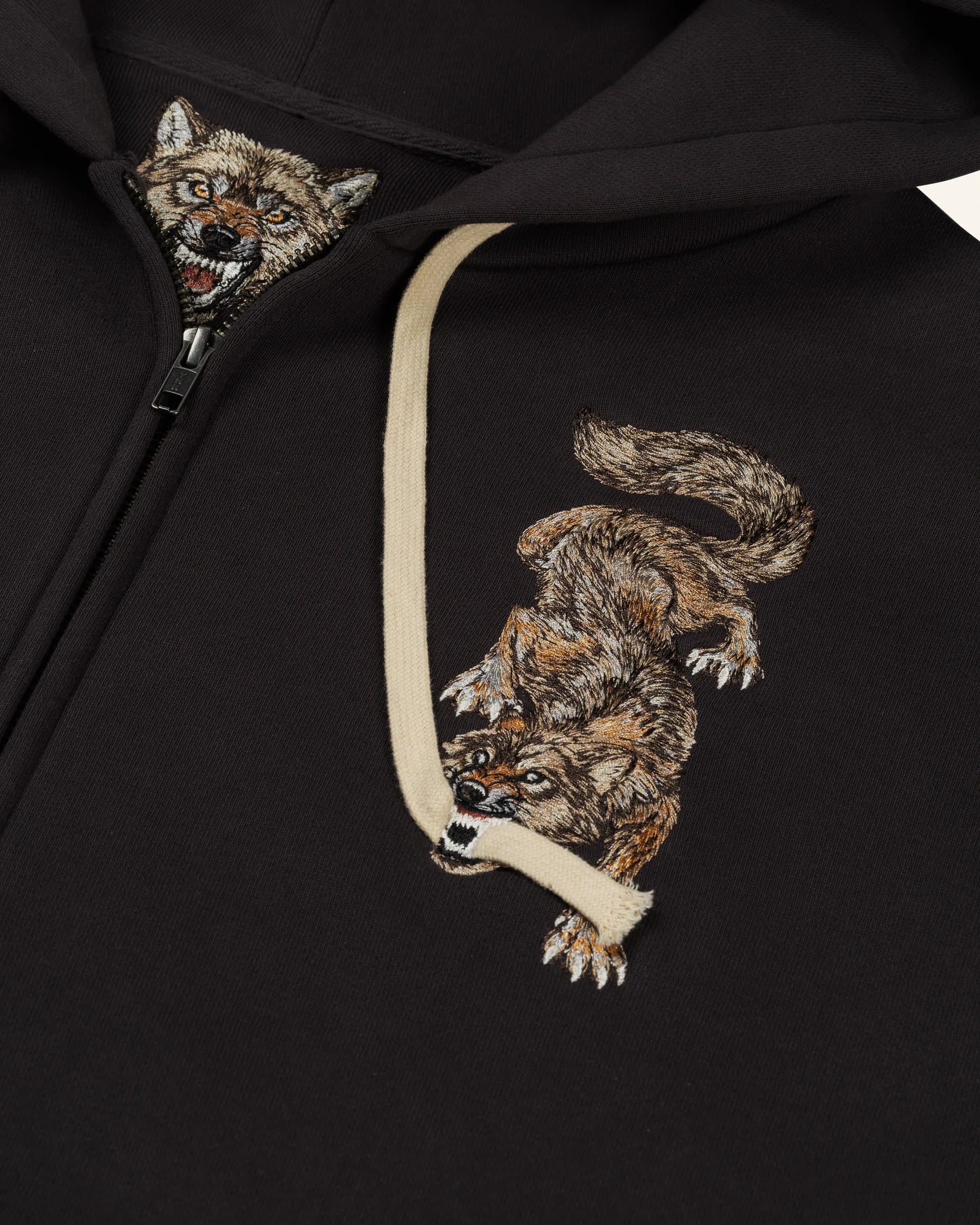 Embroidered Wolf Zip Up Hoodie detail